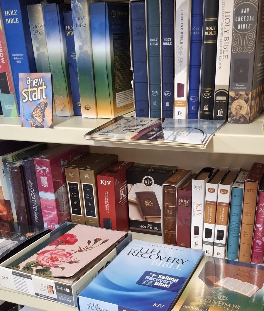 A selection of Bibles on the shelves