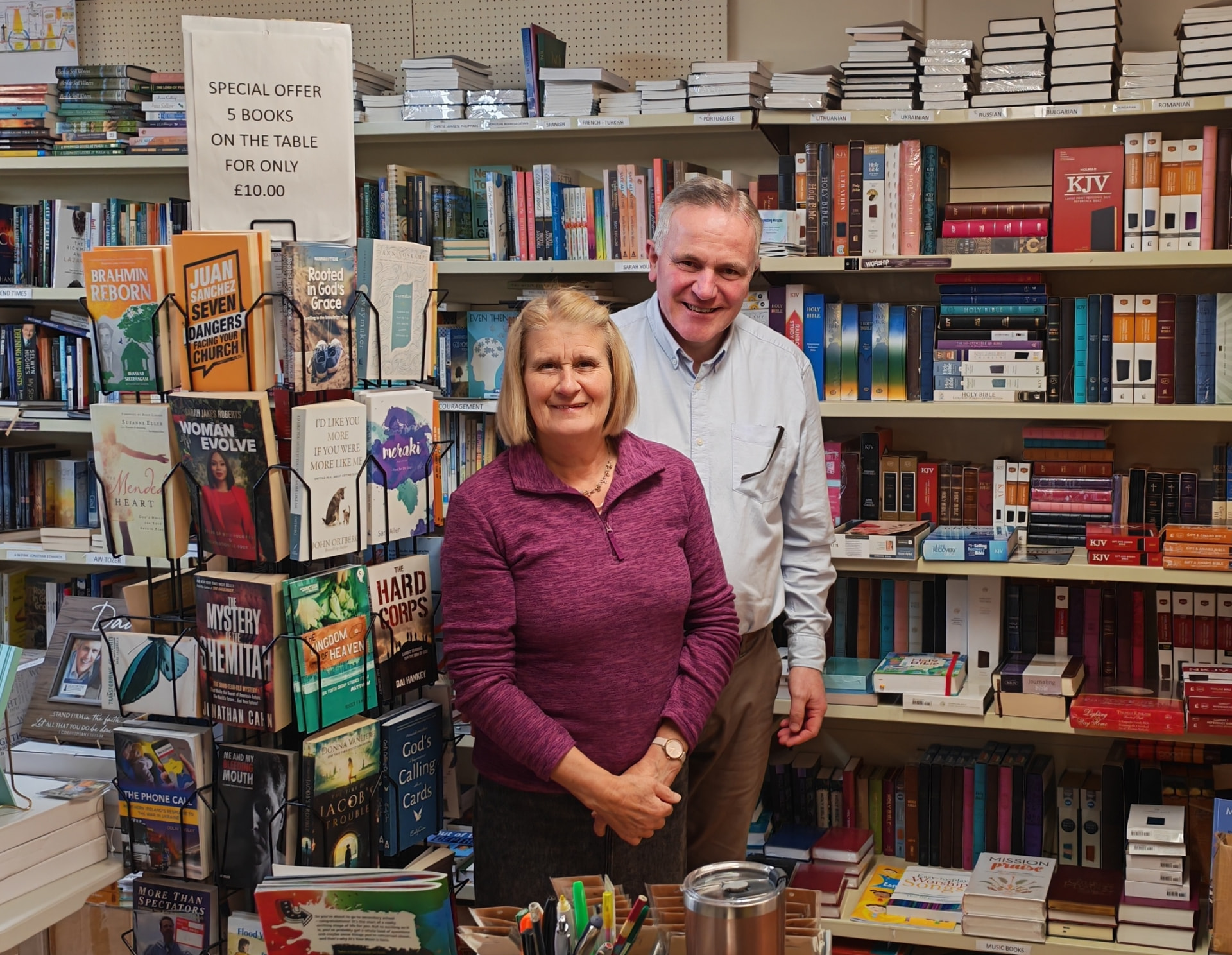 Billy and Ruth Neill standing in The Burning Bush bookshop