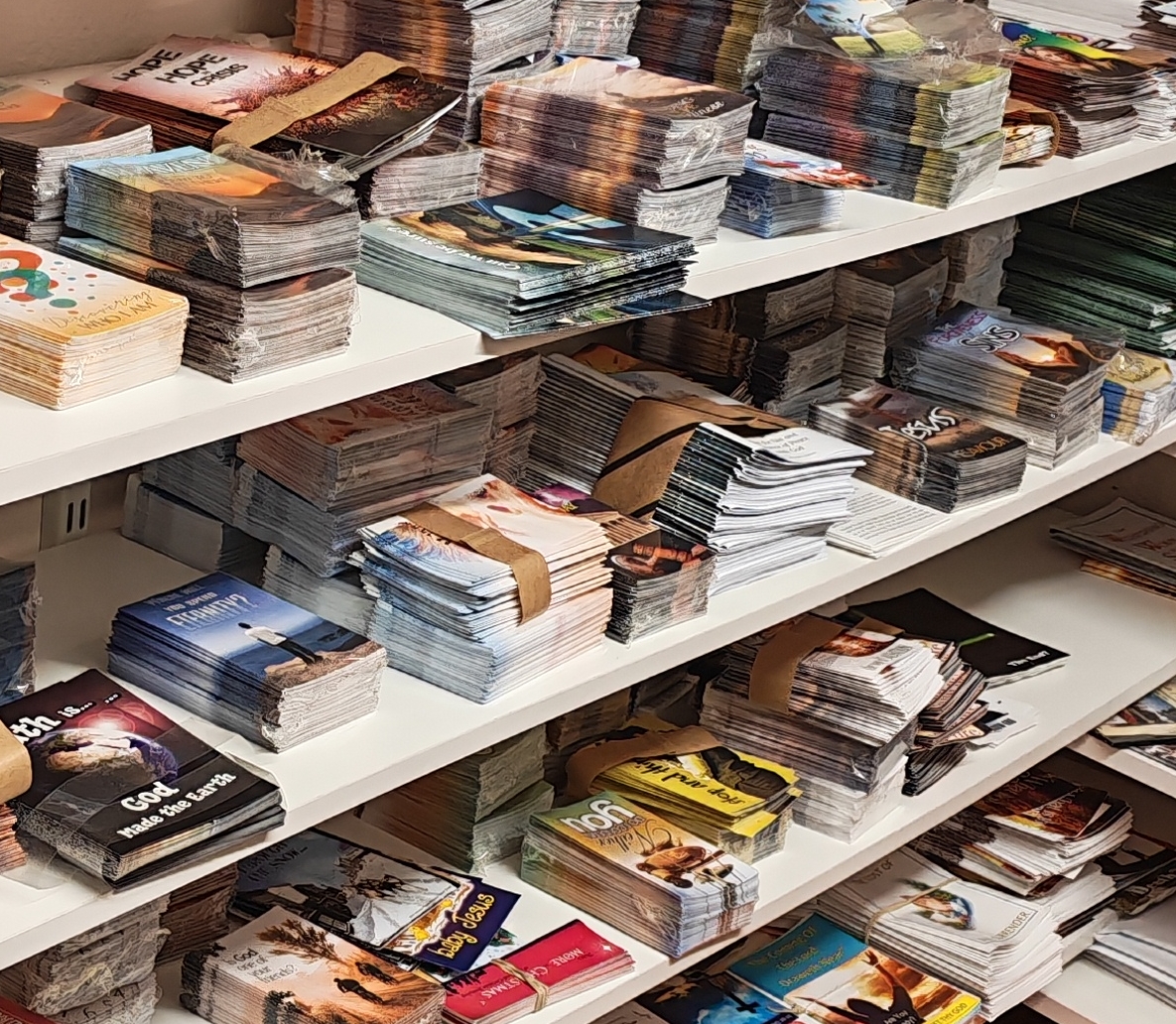 Shelves of Gospel tracts and booklets at The Burning Bush
